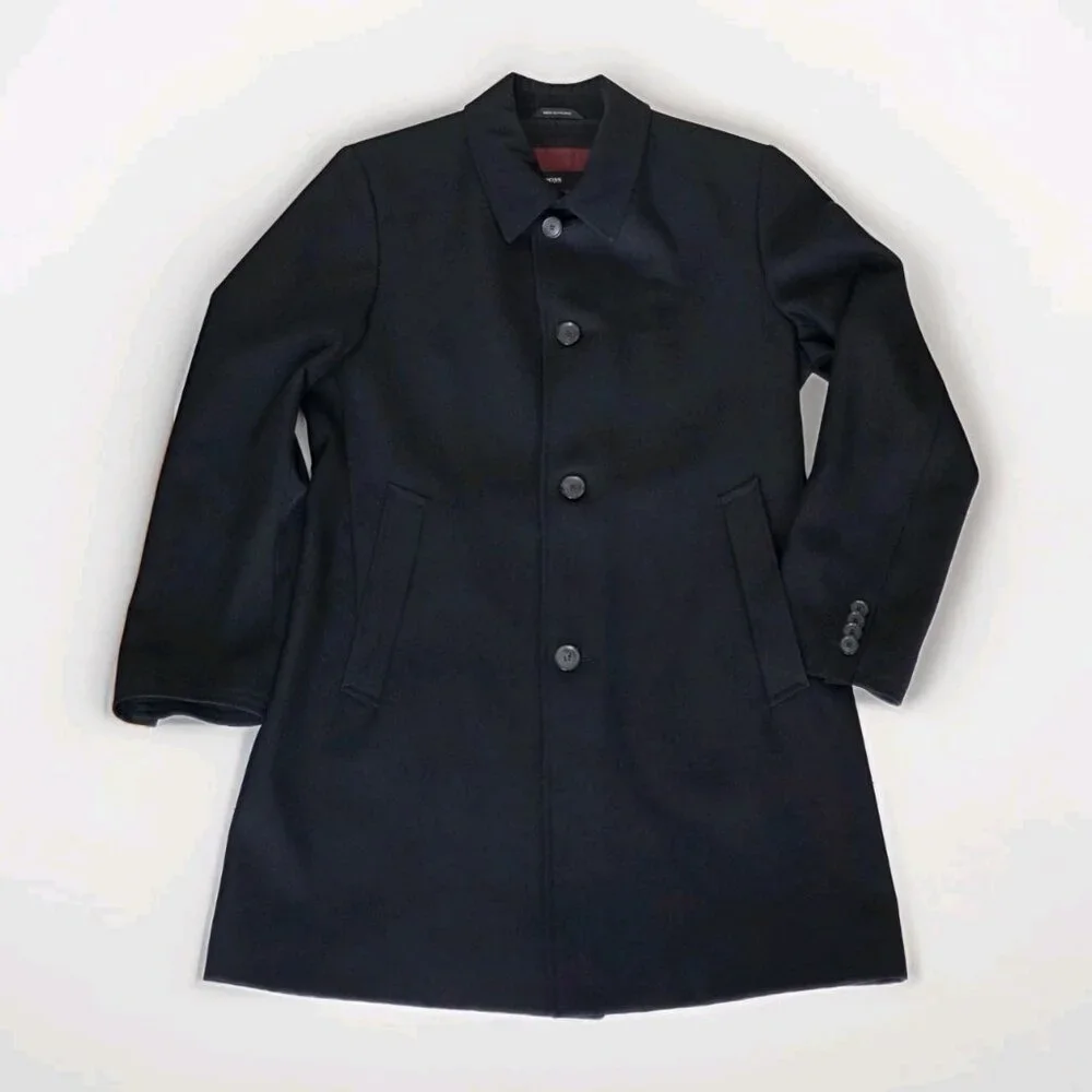 Hugo Boss The Task Wool Overcoat Men US 38R Black Lined Minimalist Office Grunge